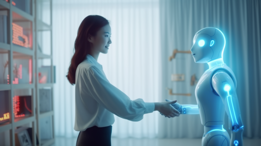 AIロボットと握手をする女性の画像