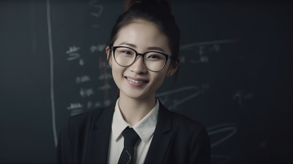 黒板の前で微笑む若い教授風の女性の画像