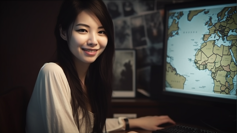 パソコンに映った世界地図を眺めてほほ笑む女性